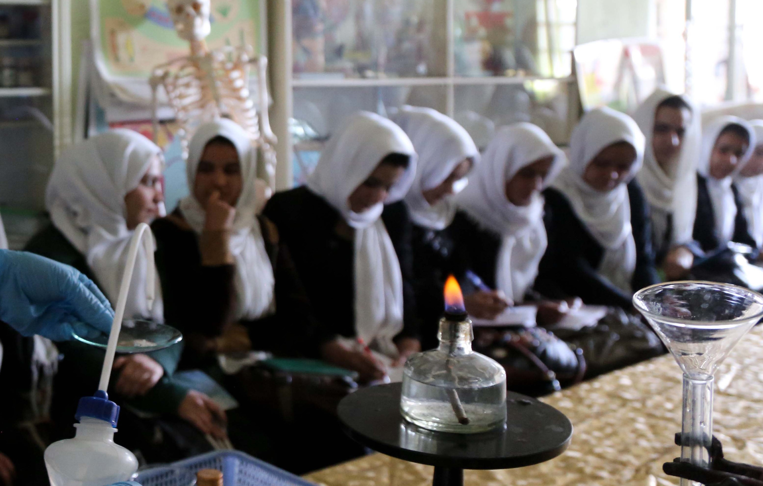 Afghan Girls in a chemistry classroom