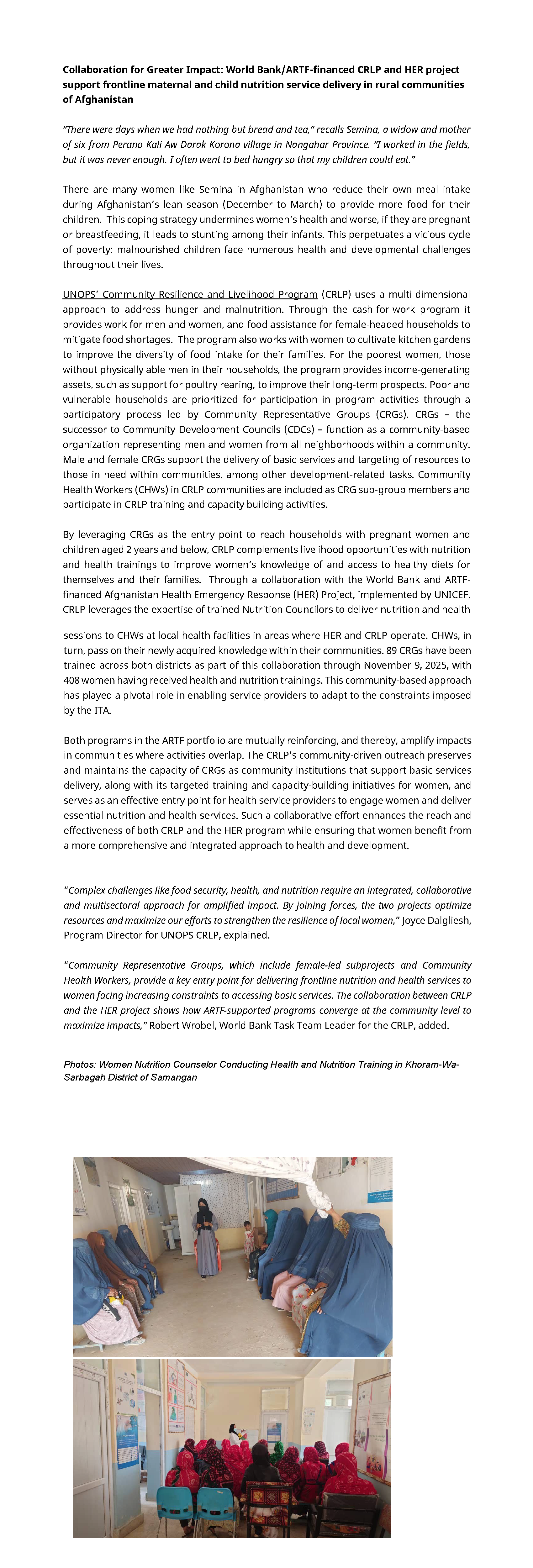 Collaboration for Greater Impact: World Bank/ARTF-financed CRLP and HER project support frontline maternal and child nutrition service delivery in rural communities of Afghanistan